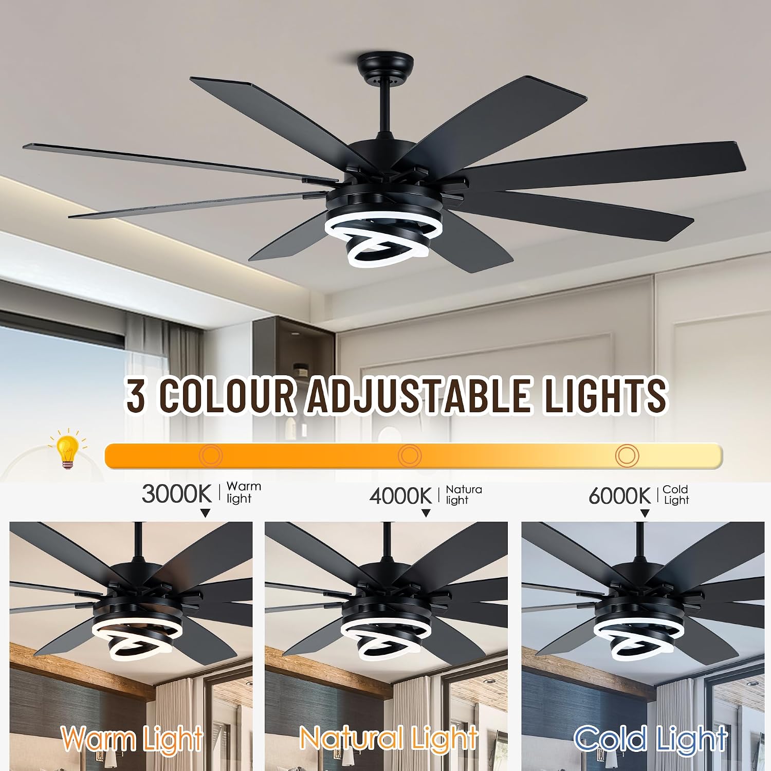 Farmhouse Ceiling Fans with Lights,Chandelier Fan with DIY Rings LED,Fandelier Ceiling Fans with Lights for Living Room/Bedroom (Black-MD-DC7205, 72 Inch)