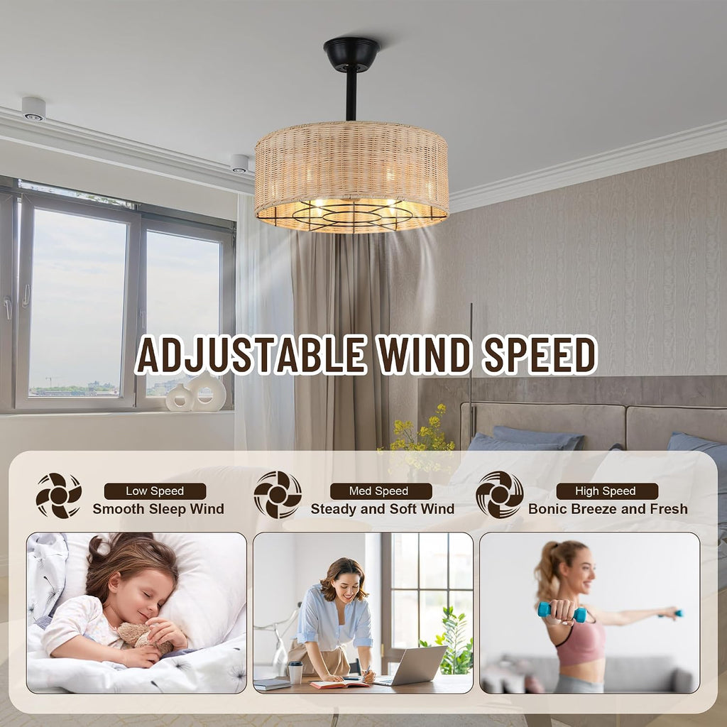 18'' Boho Rattan Caged Ceiling Fan with Light and Remote, Flush Mount Retro Fandelier with Lights, 6-Speed Reversible Silent,Boho Ceiling Fan for Bedroom Kitchen