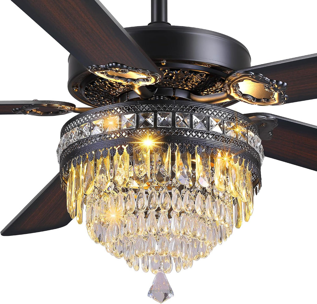 GJeg Crystal Ceiling Fan Fandelier with Lights - Outdoor Ceiling Fans with Remote Control, Farmhouse Ceiling Fan with Noiseless DC Reversible Motor,Dining Room,Living Room(62' Black)