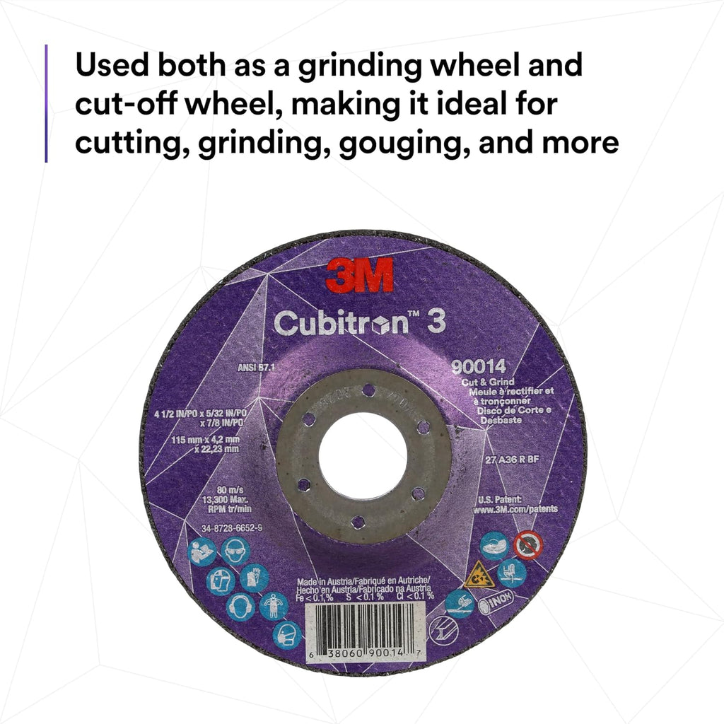 3M Cubitron 3 Cut and Grind Wheel, 88990, 36+, T27, 5 in x 1/8 in x 5/8 in-11, Pack of 10, ANSI, Longer Life, Faster Cut, Back-Gouging, Fillet Weld Removal, Cutting, Grinding