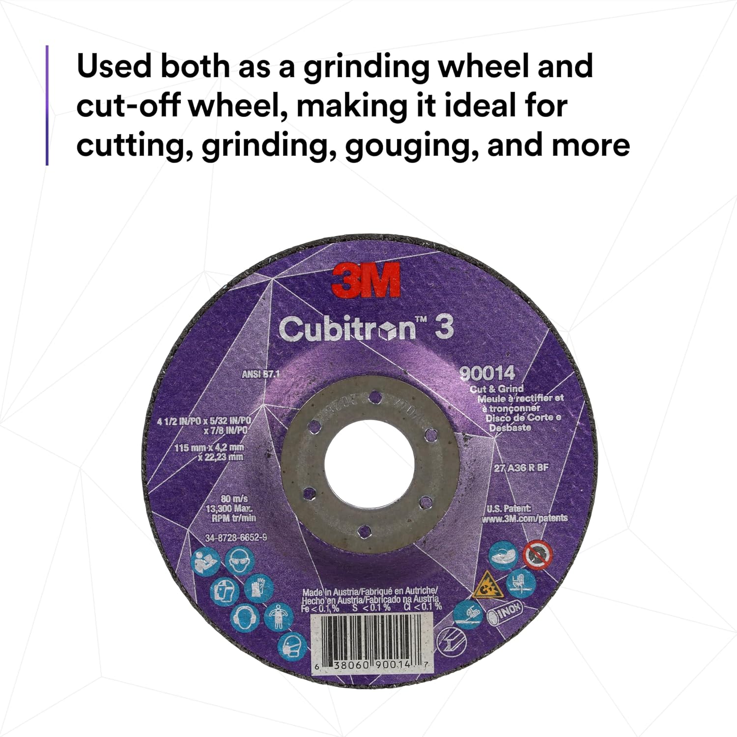 3M Cubitron 3 Cut and Grind Wheel, 89160, 36+, T27, 5 in x 1/8 in x 7/8 in, Pack of 10, ANSI, Longer Life, Faster Cut, Back-Gouging, Fillet Weld Removal, Cutting, Grinding