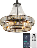 24' Farmhouse Crystal Chandelier Ceiling Fan with Lights, Remote & App Control, 6-Speed Reversible Large Fandelier, Double Layer Design for Bedroom, Living Room (Black)
