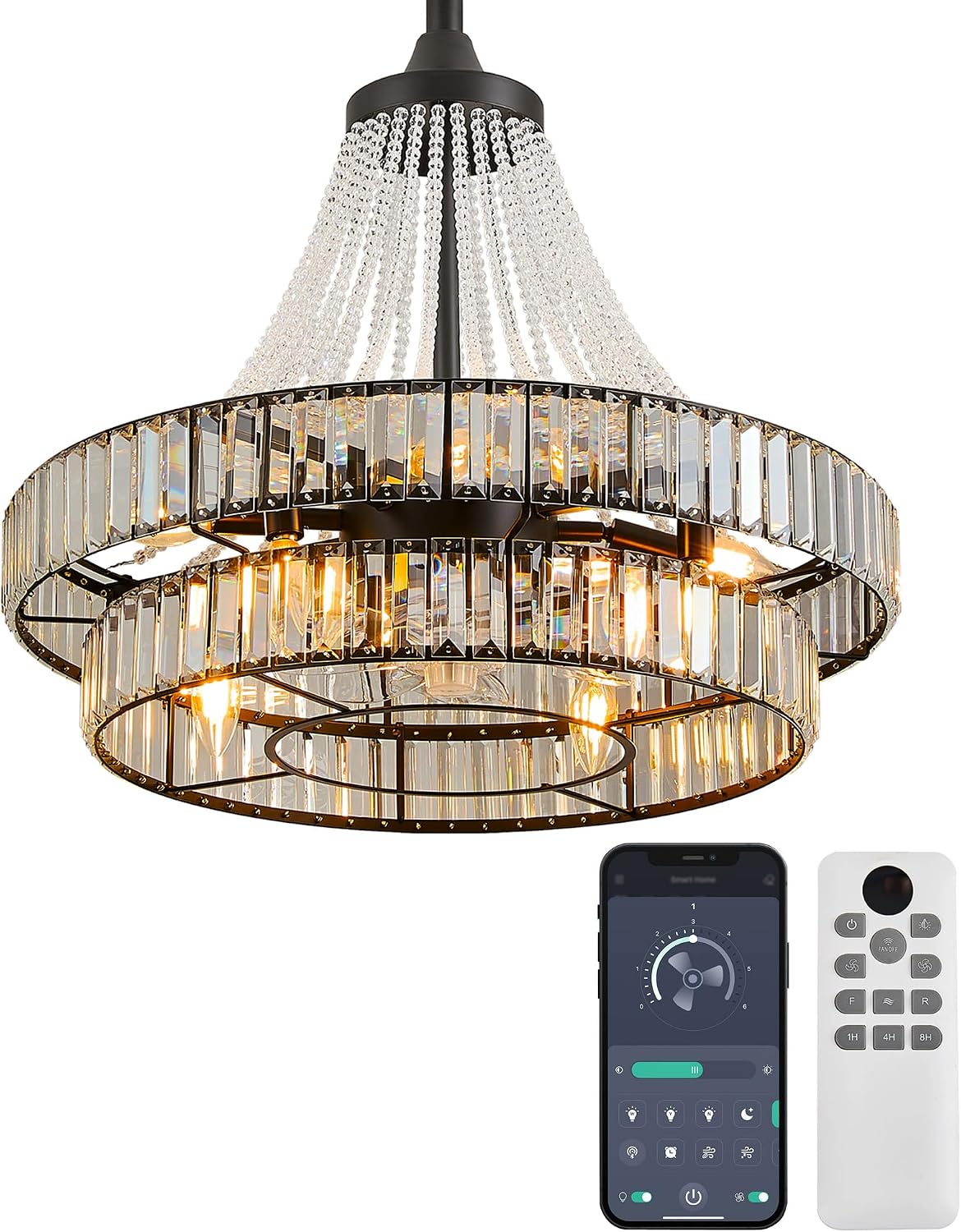 24' Farmhouse Crystal Chandelier Ceiling Fan with Lights, Remote & App Control, 6-Speed Reversible Large Fandelier, Double Layer Design for Bedroom, Living Room (Black)