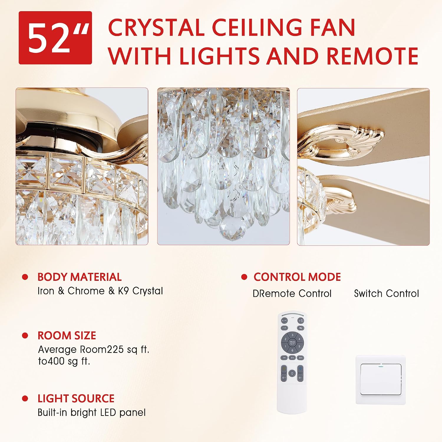 GJeg Crystal Ceiling Fan Fandelier with Lights-Ceiling Fans with Remote Control,Modern Ceiling Fan with Noiseless DC Reversible Motor,Dining Room,Living Room(52' Gold)
