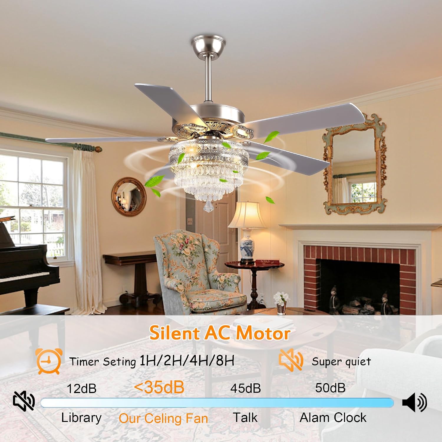 GJeg Crystal Ceiling Fan Fandelier with Lights - Retro Outdoor Fans with Remote Control, Farmhouse Ceiling Fan with Noiseless AC Reversible Motor,Dining Room,Living Room(52' Silver)