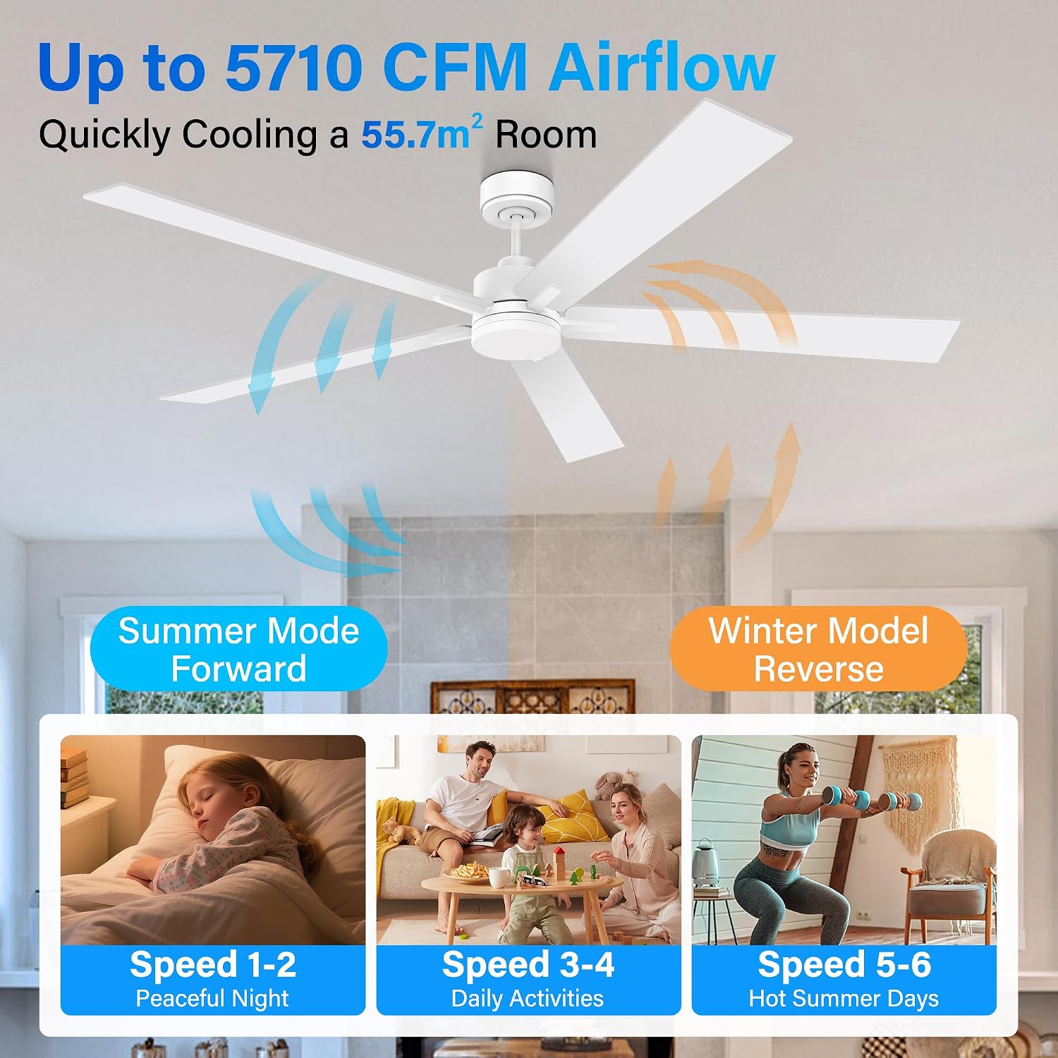72' Large Smart Ceiling Fan with Lights Remote,Silent DC Motor,Control via Voice Alexa Google App,Outdoor Indoor Modern Ceiling Fans for Large Living Room Patios Decks,5 Blades in White & Light Wood