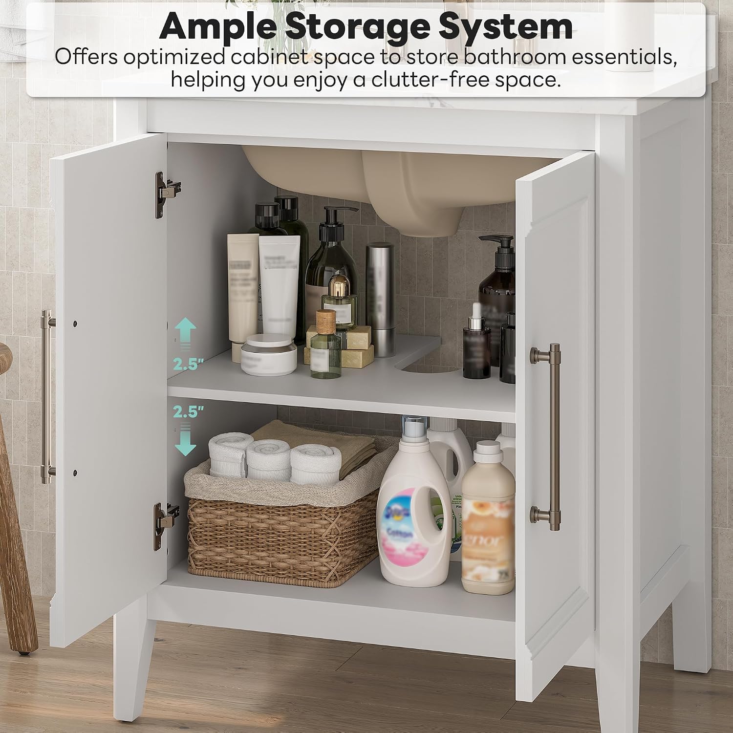LIKIMIO 30' Bathroom Vanity with Sink, Freestanding Bathroom Vanity with 2 Soft-Close Doors, Engineered Stone Countertop with Undermount Ceramic Sink, Modern Bathroom Vanity, Easy Assembly, White