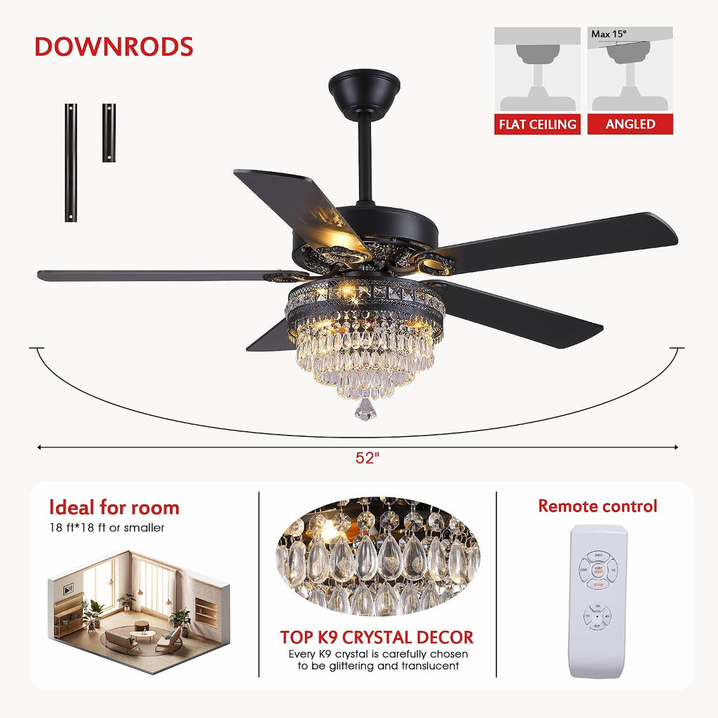 GJeg Crystal Ceiling Fan Fandelier with Lights- Retro Outdoor Fans with Remote Control, Farmhouse Ceiling Fan with Noiseless AC Reversible Motor,Dining Room,Living Room(52' Black)