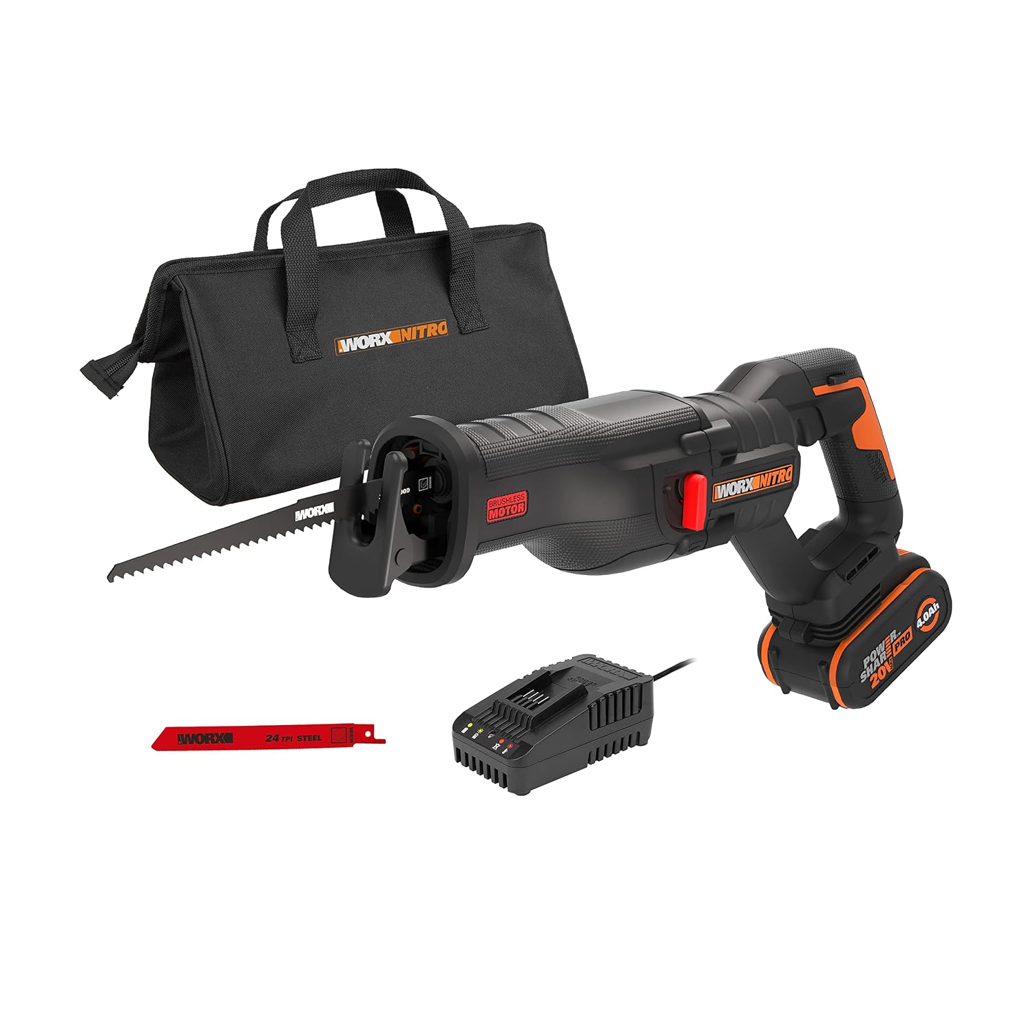 WORX 20V WX516 Cordless Sabre Saw, 29 mm Stroke, Up to 300 mm, Brushless Motor, Multi-Material, Variable Speed, Lightweight and Ergonomic, with 1 x 4Ah Battery and Charger