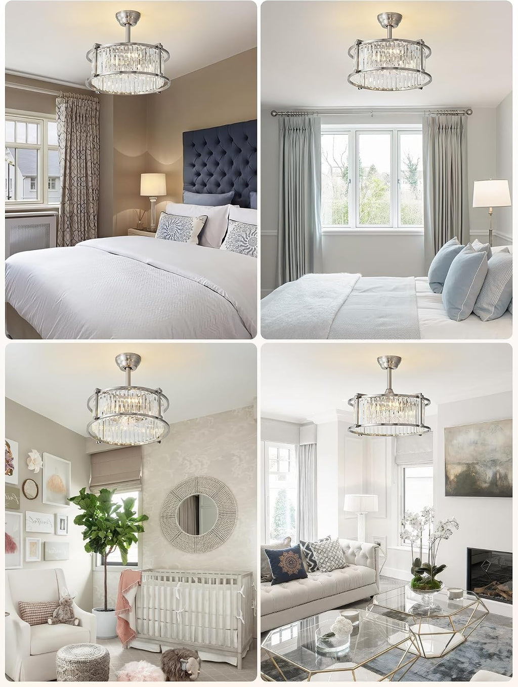 20' Silver Crystal Fandelier Ceiling Fans with Lights, Silver Crystal Industrial Chandelier Ceiling Fan with Light and Remote, Caged with 6 Speeds for Bedroom, Nursery, Living Room