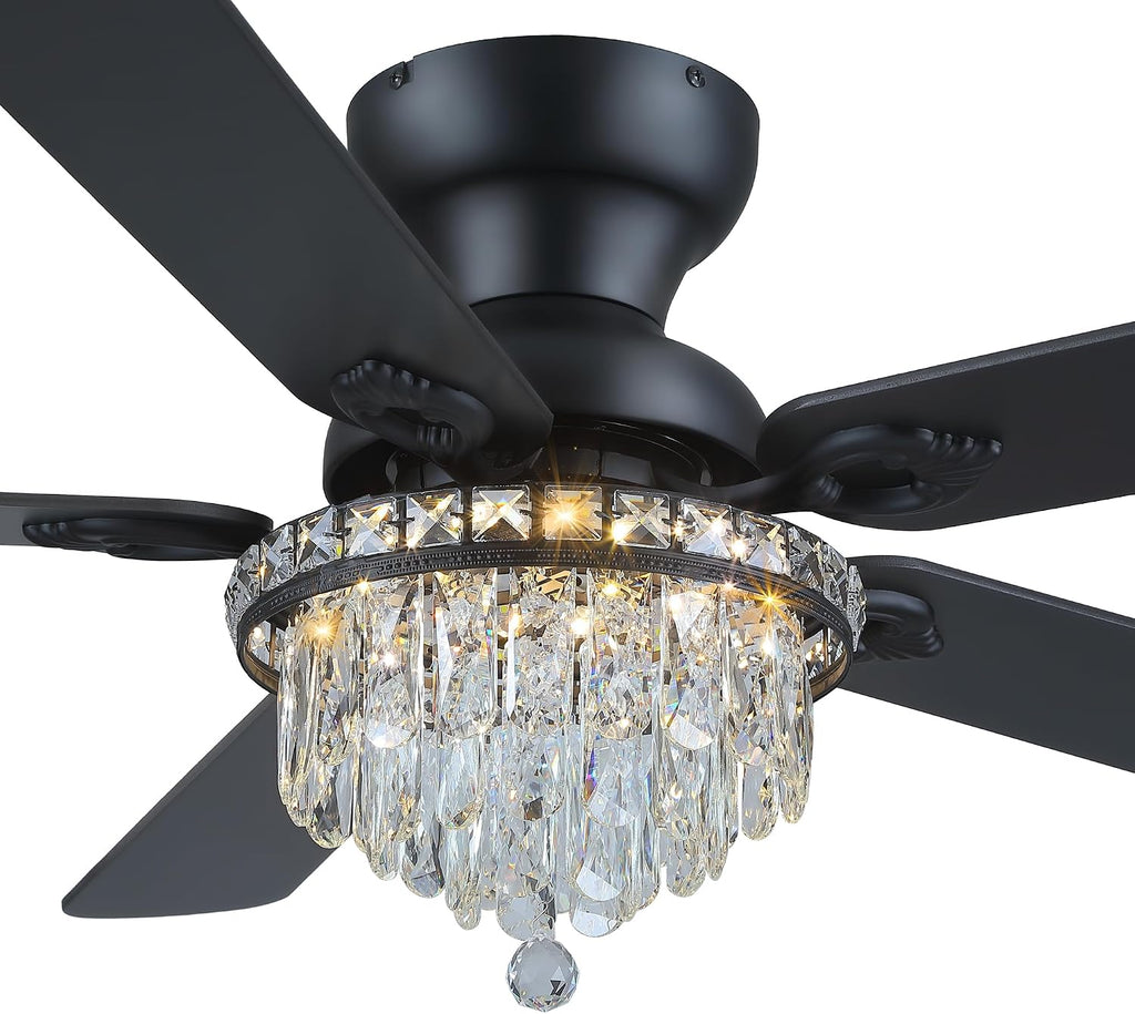 GJeg Crystal Ceiling Fan Fandelier with Lights-Ceiling Fans with Remote Control,Modern Ceiling Fan with Noiseless DC Reversible Motor,Dining Room,Living Room(52' Black)