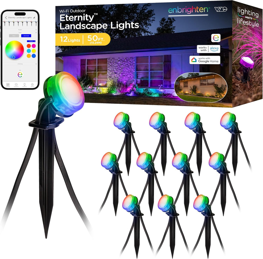 Enbrighten Vibe Eternity Garden Lights, 50ft, 12 RGBWIC LEDs, Waterproof, Uplights, Outdoor Landscape Lighting, Home Exterior Spotlight, Smart App, Works with Alexa, Google Home, 83790
