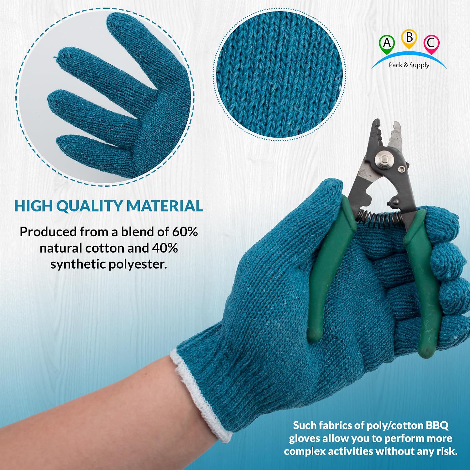 String Knit Work Gloves, Cotton Polyester Blend, Blue Gray 10 Inch, Reusable Knit Gloves for Gardening and Work