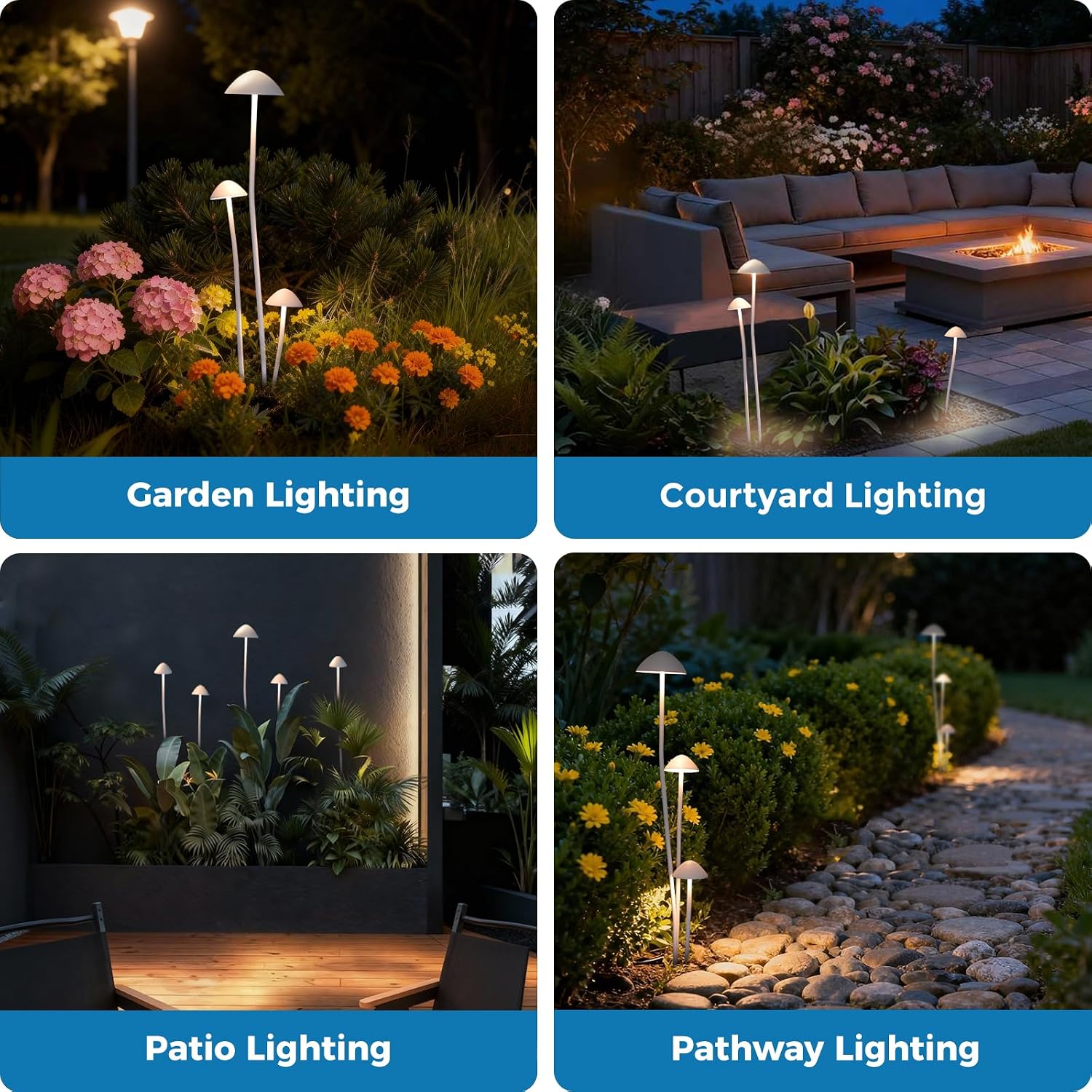 Gardencoin LED Low Voltage Outdoor Lighting Kit, 24V Outdoor Landscape Decorative Lights, Unique Aluminum Mushroom Light Wired with Transformer for Garden, Patio, Lawn, Backyard, Pathway, Set of 3