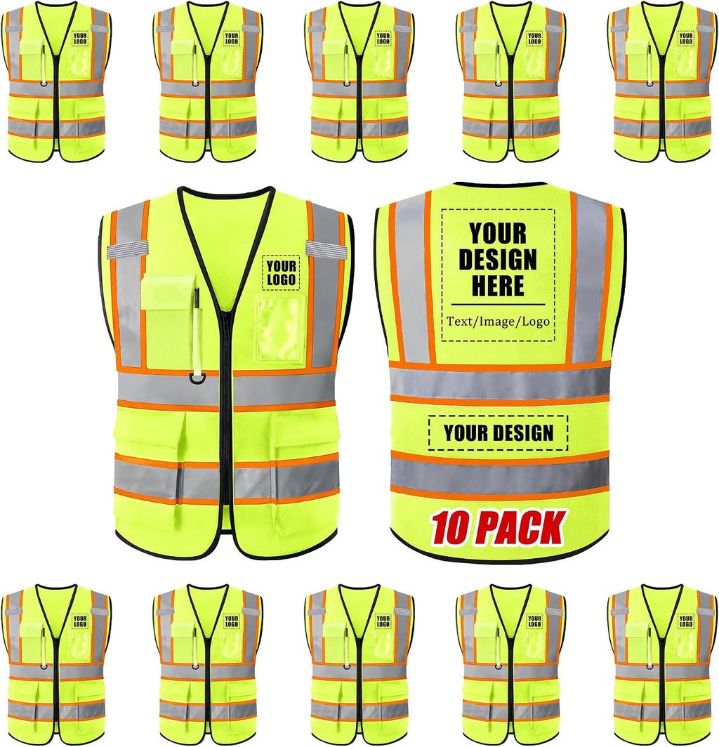Custom Safety Vest with Logo, High Visibility Reflective Personalized Vest with Pockets and Zipper for Men Women Work