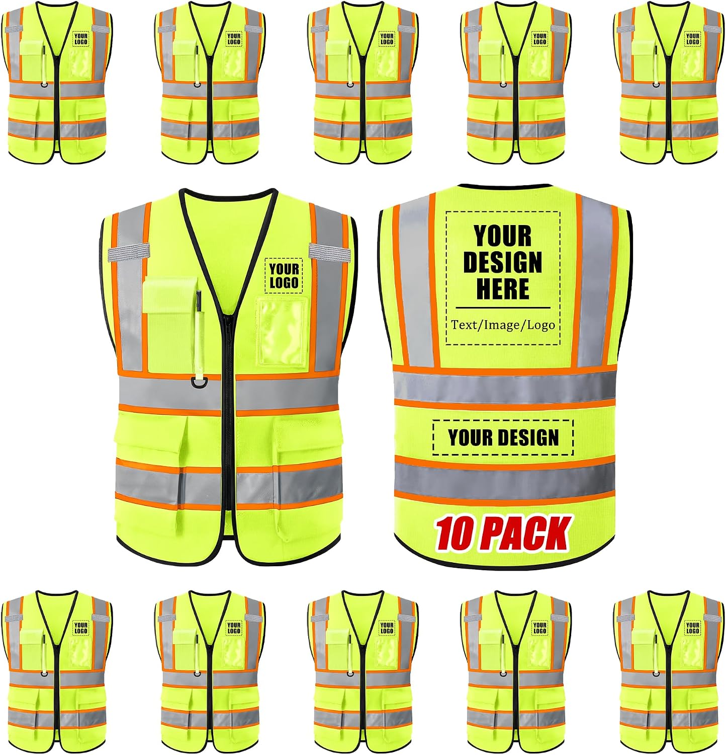 Custom Safety Vest with Logo, High Visibility Reflective Personalized Vest with Pockets and Zipper for Men Women Work