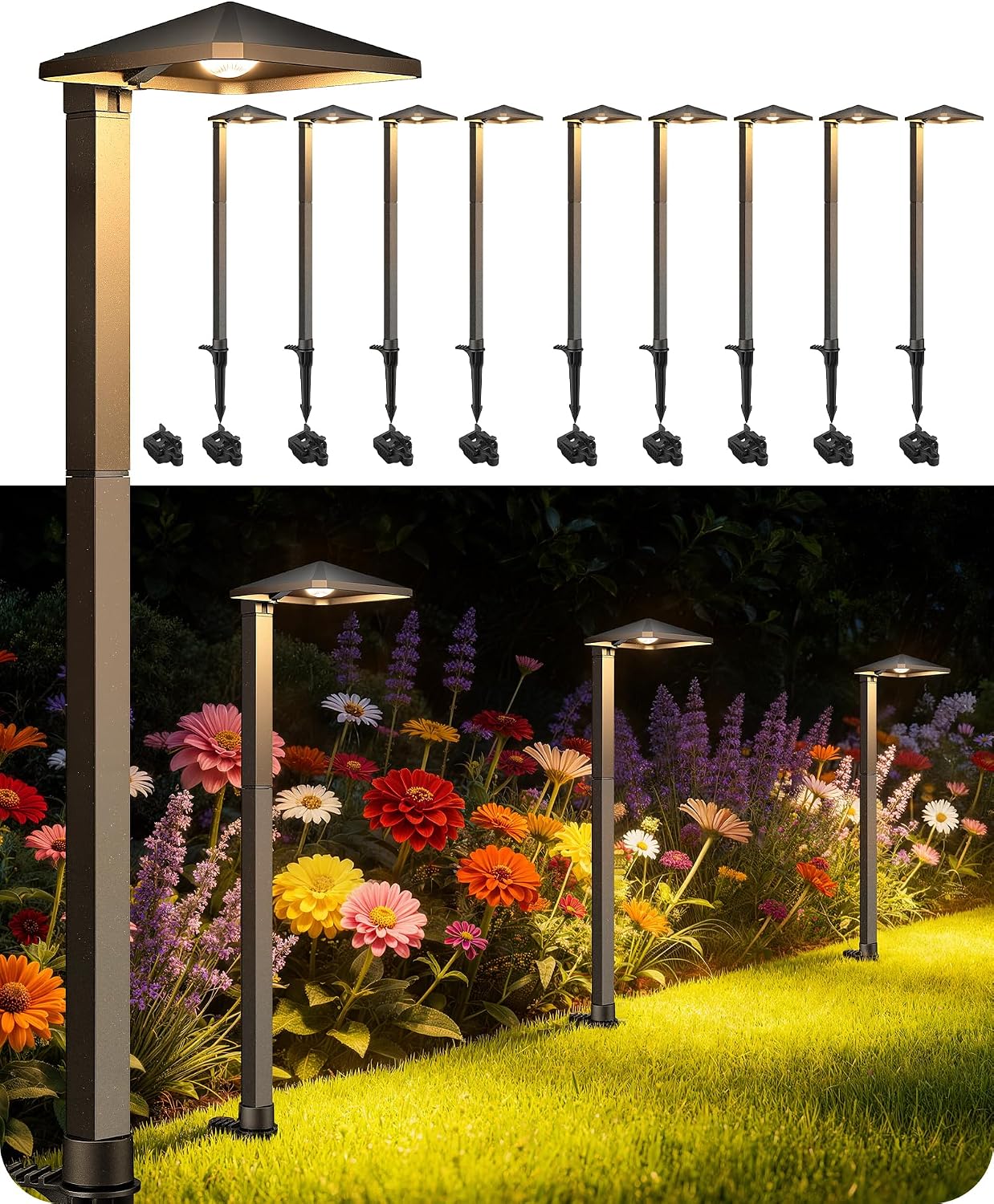 EDISHINE Low Voltage Landscape Lighting, Landscape Path Lights with Pyramid Exterior, Aluminum, 3000K & 50000Hrs, Outdoor Pathway Lights Wired for Garden, Yard, Driveway, 10 Pack