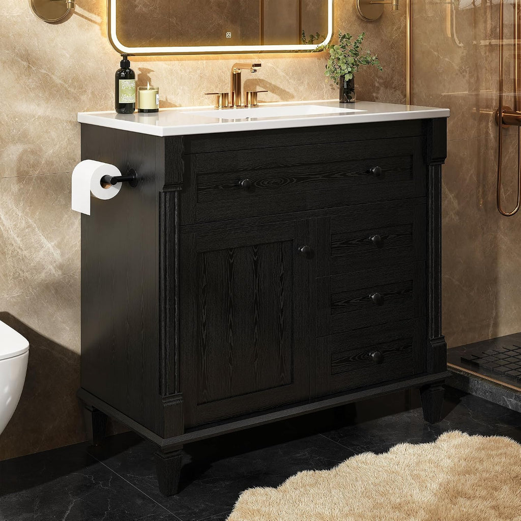 LIKIMIO 36 Inch Bathroom Vanity with Sink, Towel Holder & Adjustable Solid Wood Legs for Uneven Floor, Modern Bathroom Storage Cabinet with Tip-Out Drawer, 2 Drawers & Adjustable Shelf, Black