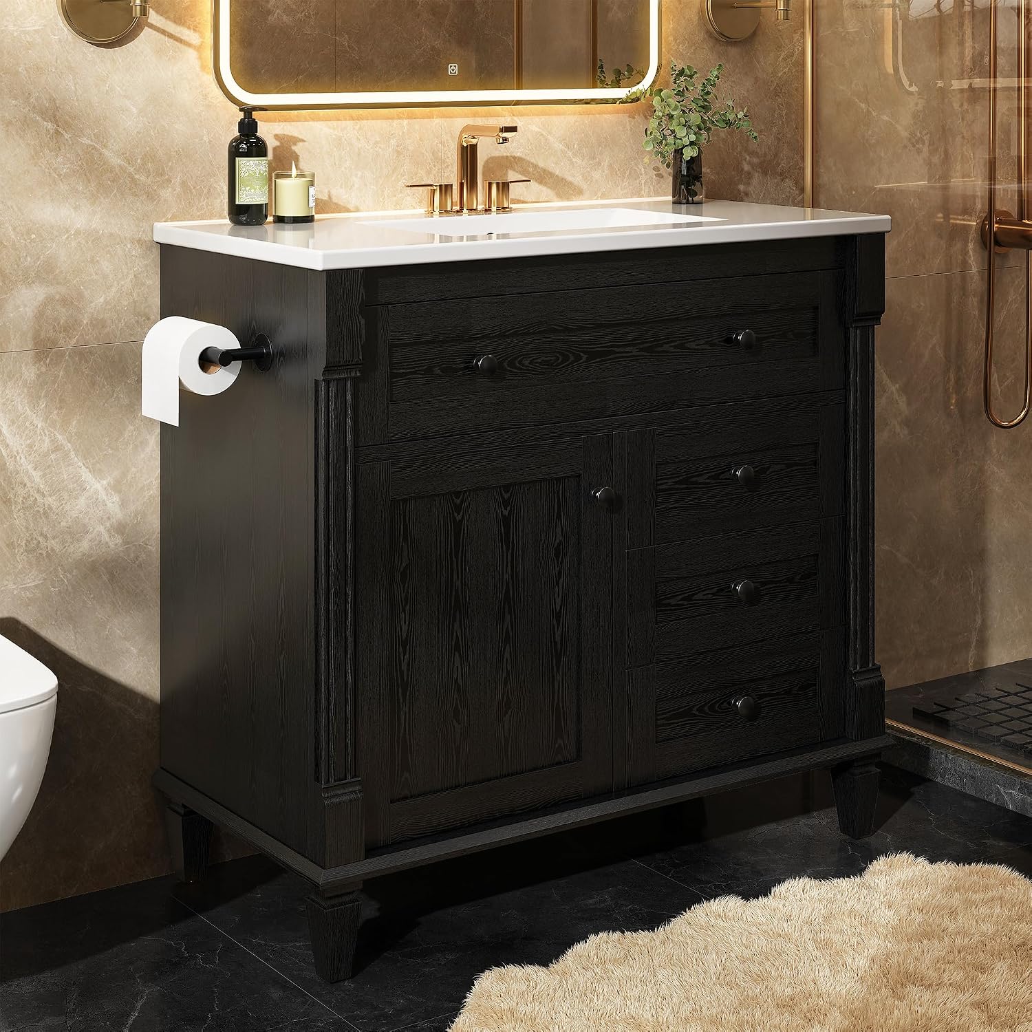 LIKIMIO 36 Inch Bathroom Vanity with Sink, Towel Holder & Adjustable Solid Wood Legs for Uneven Floor, Modern Bathroom Storage Cabinet with Tip-Out Drawer, 2 Drawers & Adjustable Shelf, Black
