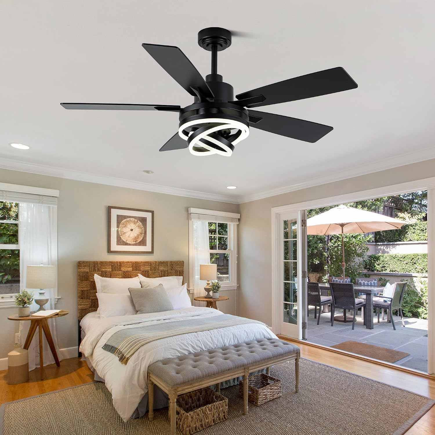 52' Farmhouse Ceiling Fans with Lights,Chandelier Fan with 6-Speed Dimmable LED and Reversible DC Motor,DIY Rings LED,Fandelier Ceiling Fan with 5 Dual Finish Blades for Living Room/Bedroom