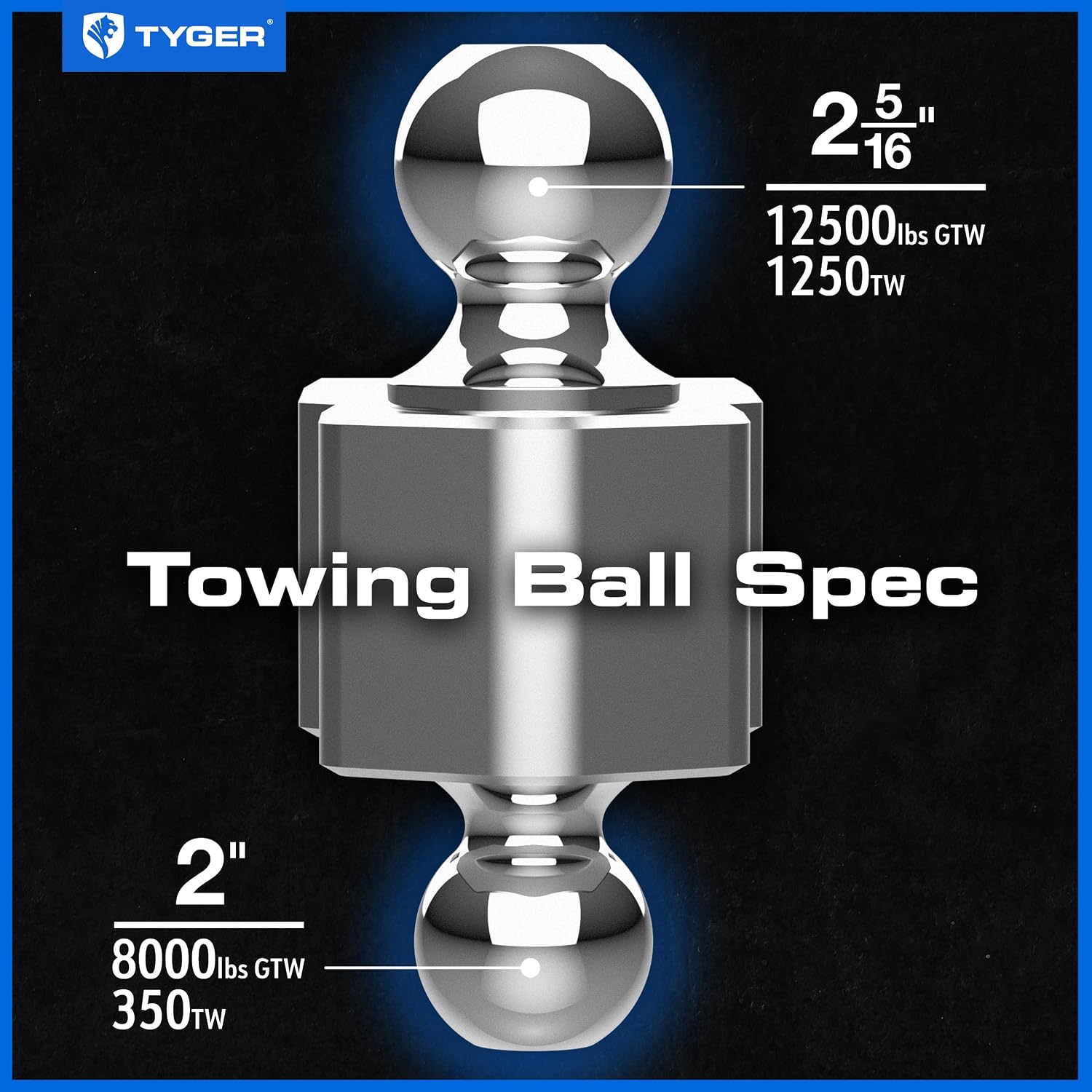 Tyger Auto Adjustable Drop Hitch Dual-Ball Mount with 2' and 2-5/16' Towing Balls | Fits 2' Receivers | 12500 lbs GTW | Aluminum | Trailers Boats ATVs RVs | TG-DB6U12047