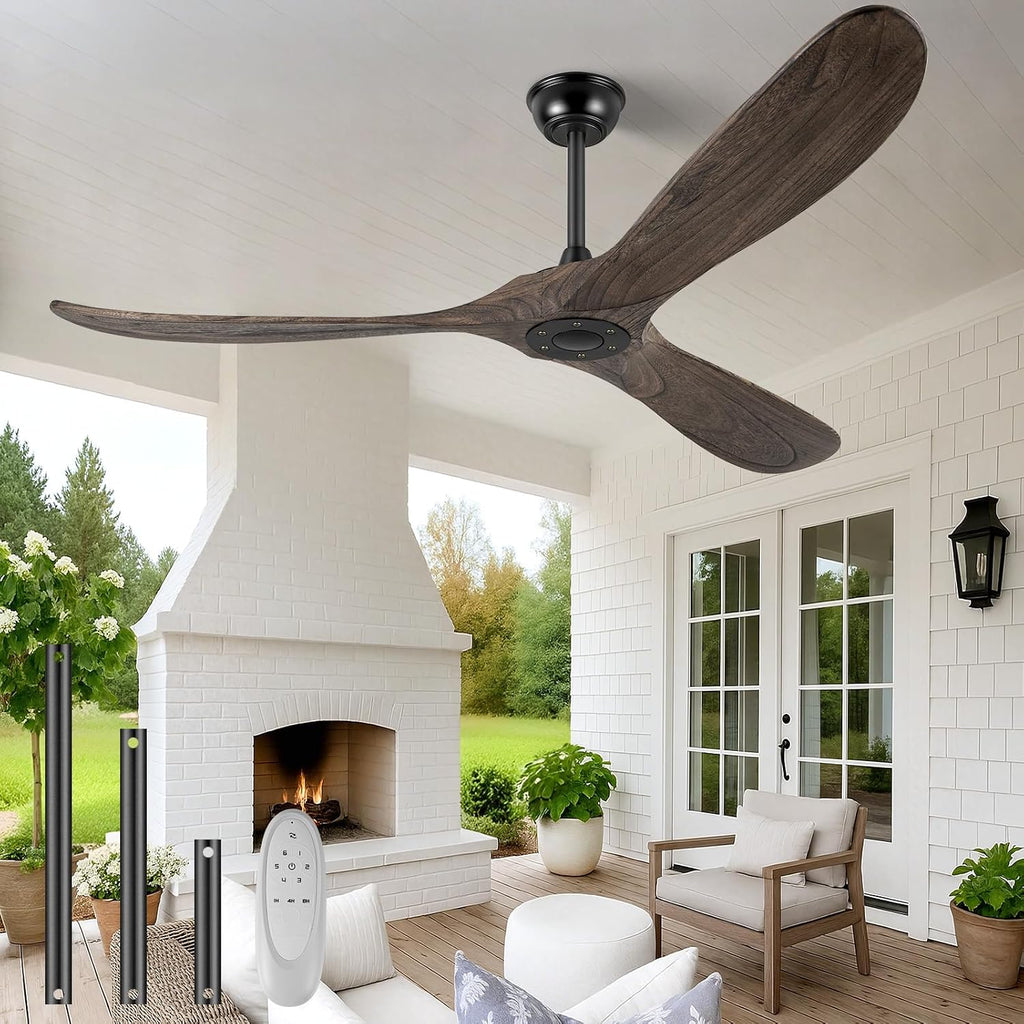 52' Ceiling Fans Without Light, Solid Wood Ceiling Fan with Remote Control and DC Motor, No Light, Modern Ceiling Fan with 3 Blades, Indoor Outdoor for Patios, Bedroom - Deep Brown
