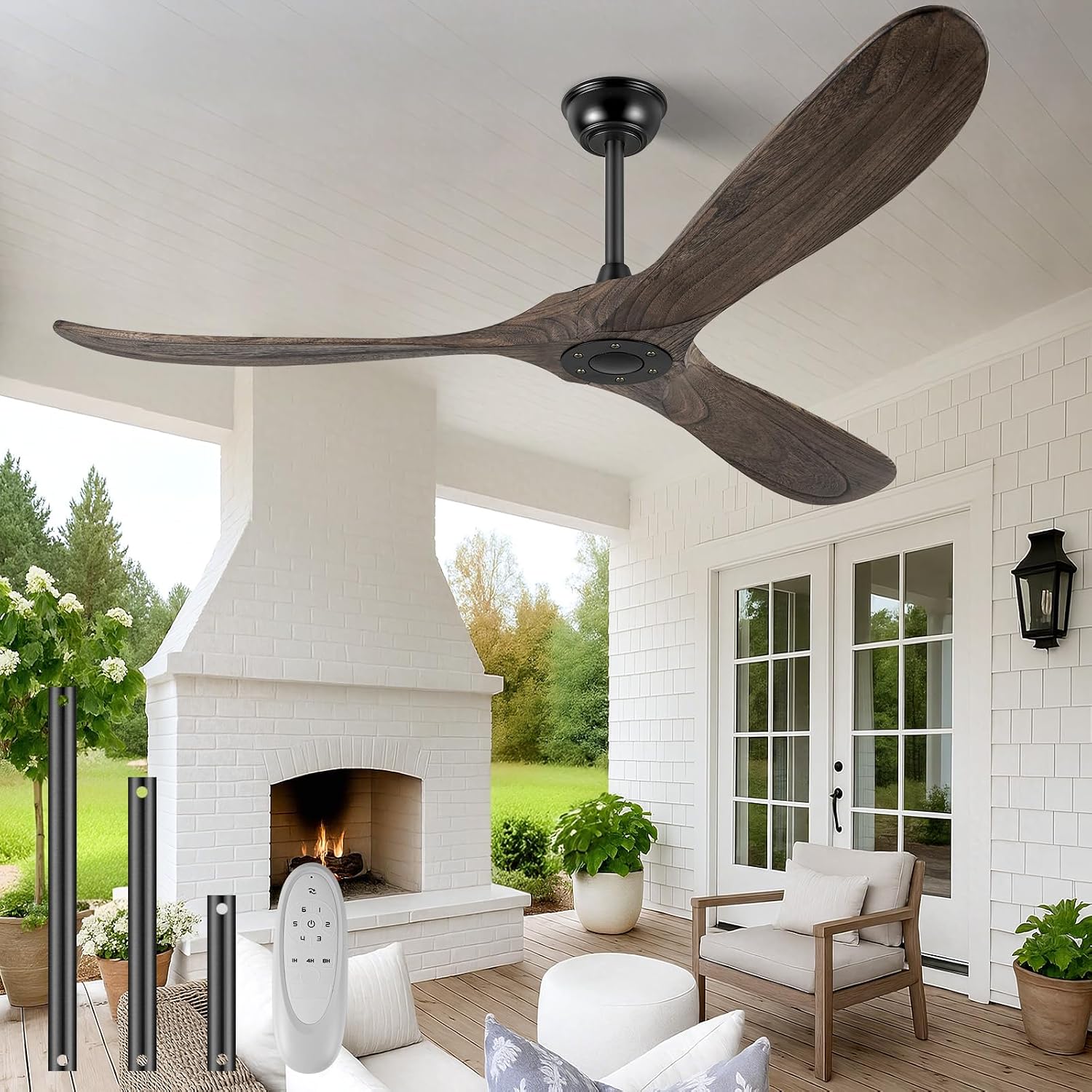 52' Ceiling Fans Without Light, Solid Wood Ceiling Fan with Remote Control and DC Motor, No Light, Modern Ceiling Fan with 3 Blades, Indoor Outdoor for Patios, Bedroom - Deep Brown