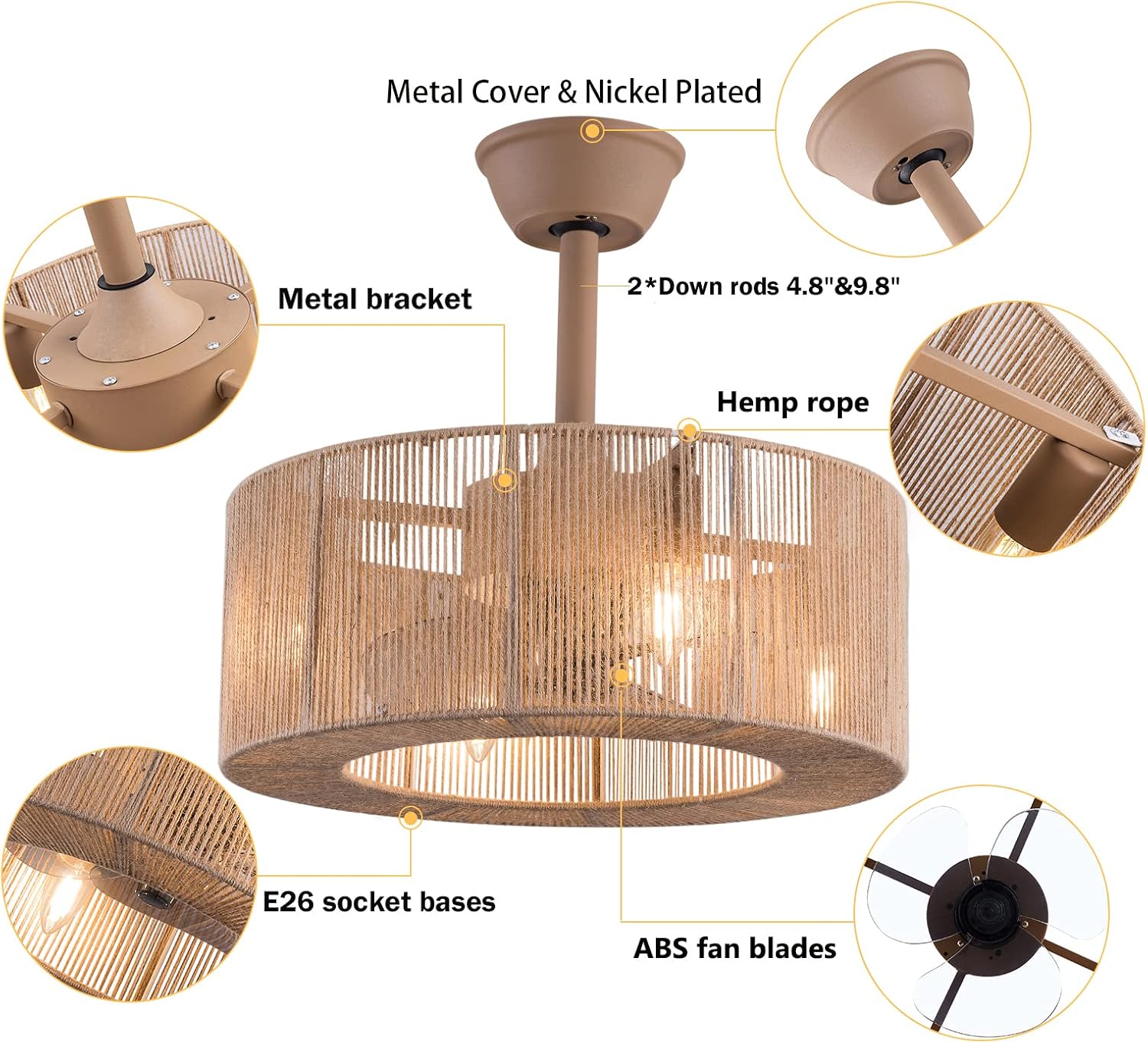 LOYALHEARTDY Boho Ceiling Fan With Light and Remote 18'' 3-speed Fringe Tassel Caged Ceiling Fan Modern Downrod Mount Bladeless Ceiling Fan Kids Fan, Hemp Rope Fringe Tassel Lampshade (FG87GRWEOUERR)