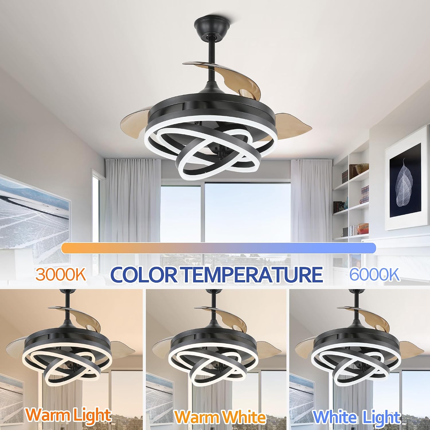 42' Retractable Ceiling Fan with Lights and Remote, Black Fandelier Ceiling Fan Modern Chandelier LED Light, Reversible Quiet DC Motor 3CCT Dimmable 6 Speed for Bedroom Living Room