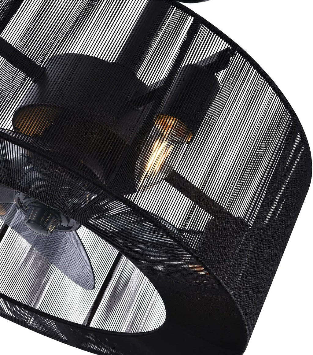 LOYALHEARTDY Caged Ceiling Fans with Lights and Remote 18' Black Fringe Tassel Ceiling Fan 3-Speed Modern Downrod Mount Bladeless Ceiling Fan Kids Fan