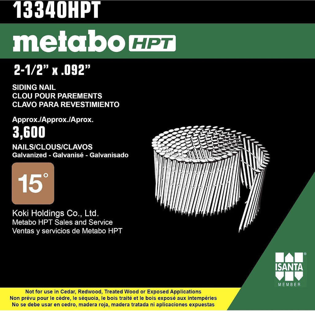 Metabo HPT 13340HPT 2-1/2' x 0.092' Electro Galvanized Ring Shank Wire Coil Siding Nails 3600 count