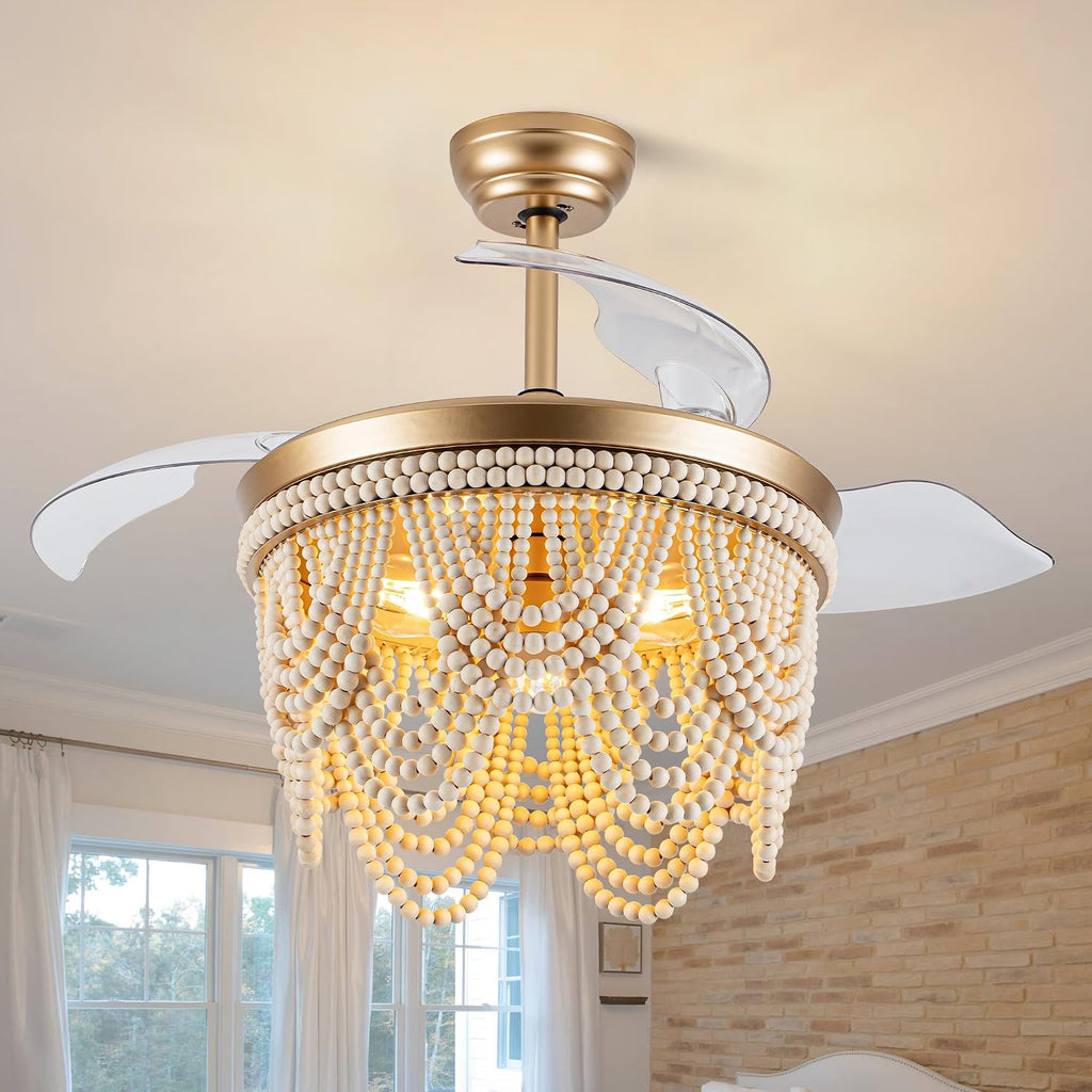42'' Retractable Ceiling Fans with Lights and Remote, Bohemian Ceiling Fans with Wooden Beads, 6 Speeds Reversible Bladeless Ceiling Fan for Bedroom Living Room Kitchen
