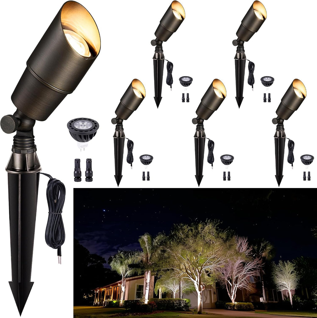 Gardenreet Solid Brass Spot Lights - Low Voltage Landscape Spotlight Outdoor, 12V LED Uplights Wired Waterproof, Electric Bronze for Patio Wall with 4000K Bright White MR16 Bulb (6 Pack)