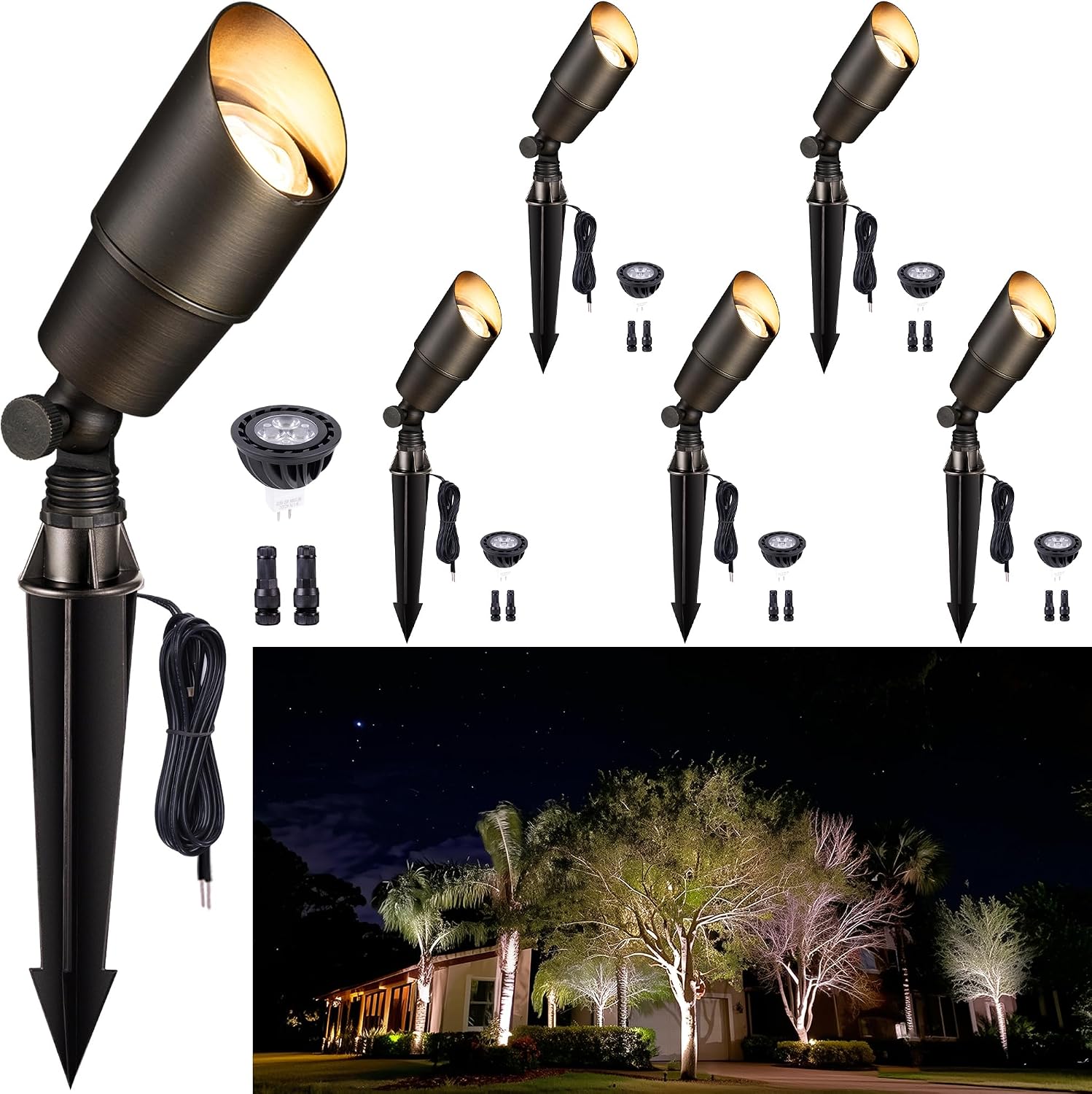 Gardenreet Solid Brass Spot Lights - Low Voltage Landscape Spotlight Outdoor, 12V LED Uplights Wired Waterproof, Electric Bronze for Patio Wall with 4000K Bright White MR16 Bulb (6 Pack)