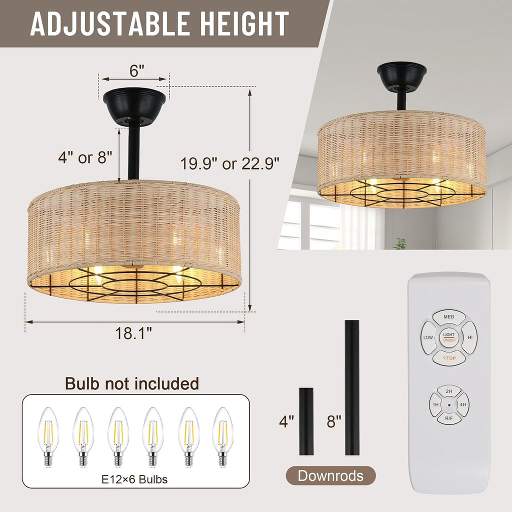 18'' Boho Rattan Caged Ceiling Fan with Light and Remote, Flush Mount Retro Fandelier with Lights, 6-Speed Reversible Silent,Boho Ceiling Fan for Bedroom Kitchen