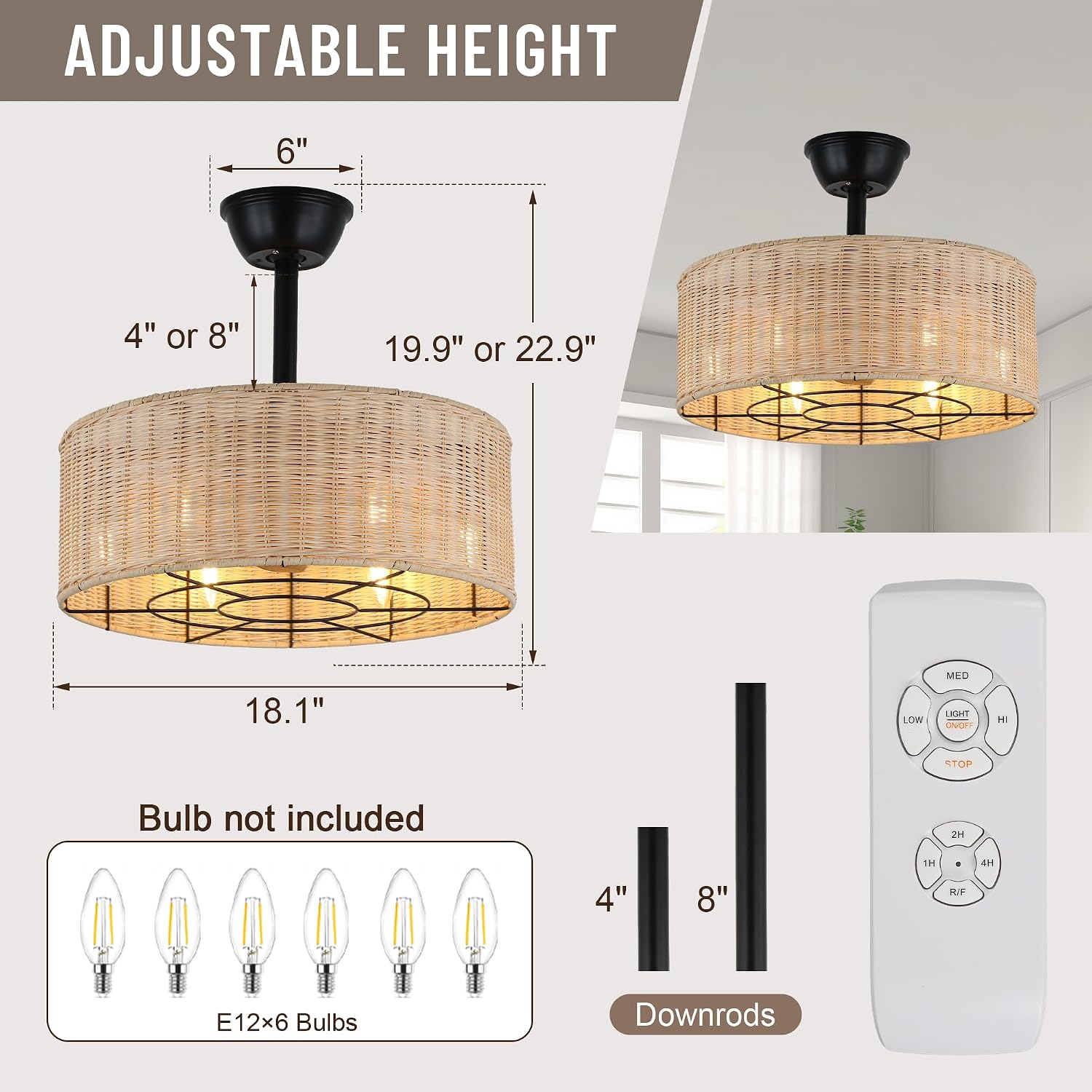 18'' Boho Rattan Caged Ceiling Fan with Light and Remote, Flush Mount Retro Fandelier with Lights, 6-Speed Reversible Silent,Boho Ceiling Fan for Bedroom Kitchen