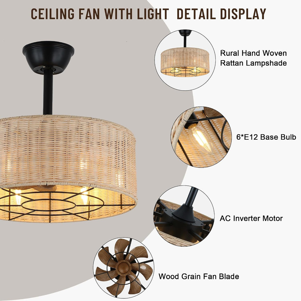 18'' Boho Rattan Caged Ceiling Fan with Light and Remote, Flush Mount Retro Fandelier with Lights, 6-Speed Reversible Silent,Boho Ceiling Fan for Bedroom Kitchen