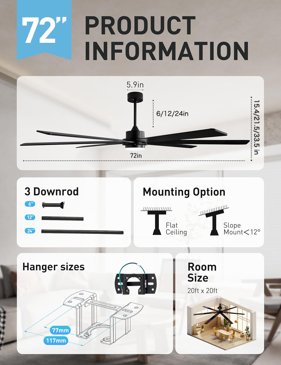 Minislak 72 Inch Black Smart Ceiling Fan with Light and Remote via WIFI Alexa APP Control,6 Speed Quiet DC Motor,Dimmable,Indoor Outdoor Ceiling Fans for Patios or Bedroom