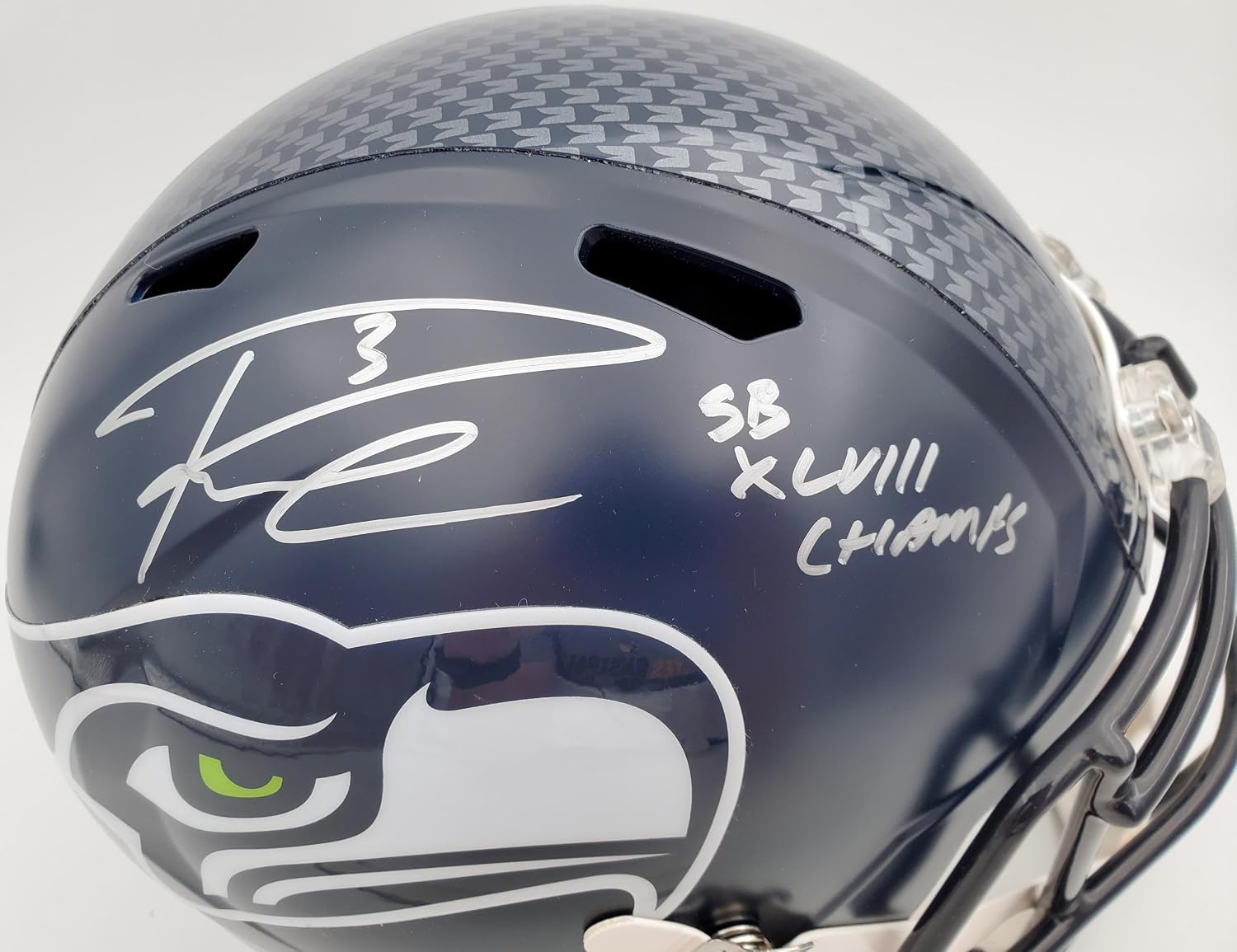 Russell Wilson Autographed Seattle Seahawks Full Size Replica Speed Helmet 'SB XLVIII Champs' In Silver RW Holo Stock #94268 - Autographed NFL Helmets