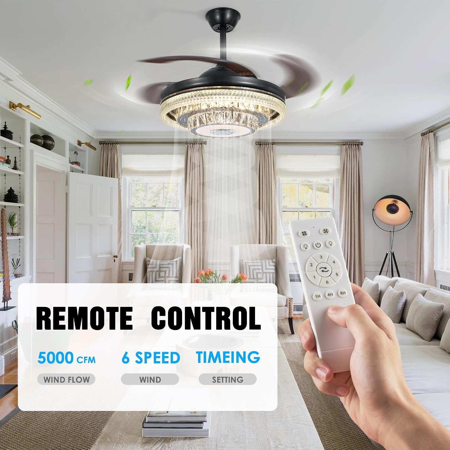 42' Bluetooth Crystal Fandelier Ceiling Fan with Light Music Speaker Dimmable RGB LED, Modern Black Reversible Chandelier Ceiling Fan Remote Control Retractable Blades for Living Room