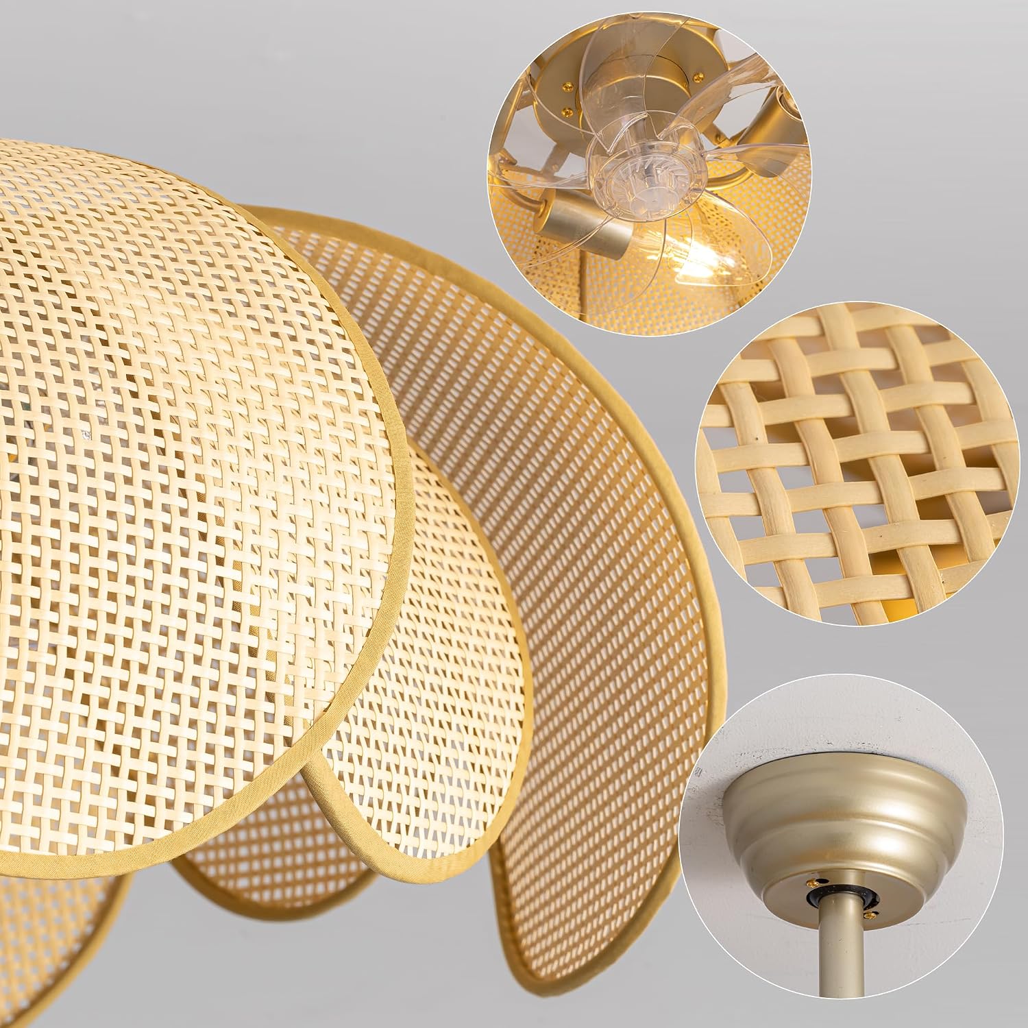 Ceiling Fans with Lights, Fandelier Chandelier Ceiling Fan and Remote,Boho,Flush Mount,Low Profile,for Bedroom,Living Room,Gold