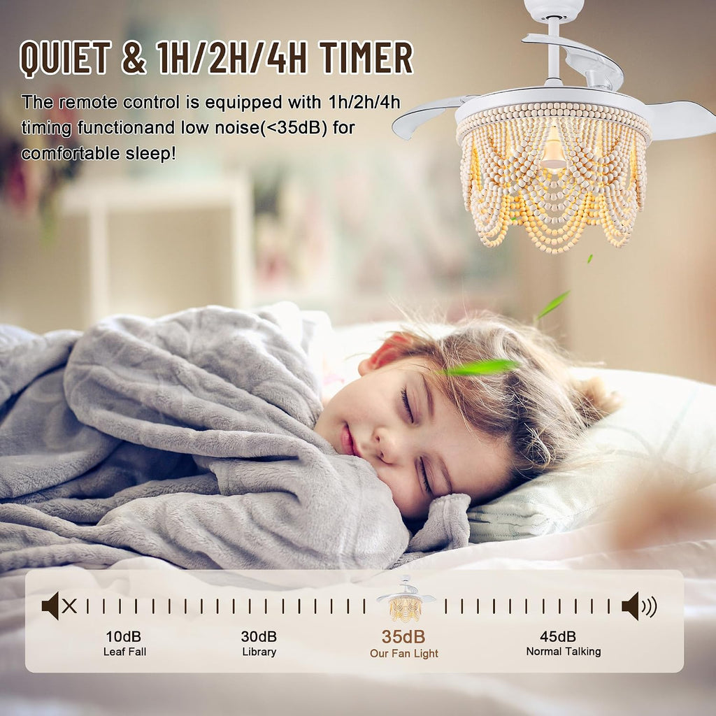 42'' Retractable Ceiling Fans with Lights and Remote,Bohemian Ceiling Fans with Wooden Beads,E26 Metal Bulb Base,6 Speeds Reversible Bladeless Ceiling Fan for Bedroom Living Room Kitchen