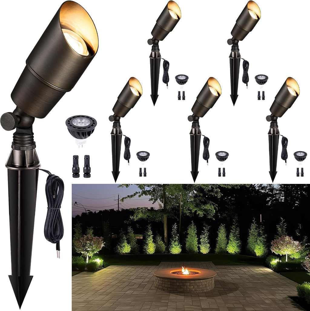Gardenreet Solid Brass Spot Lights - Low Voltage Landscape Spotlight Outdoor, 12V LED Uplights Wired Waterproof, Electric Bronze for Patio Wall with 2700K Warm White MR16 Bulb (6 Pack)
