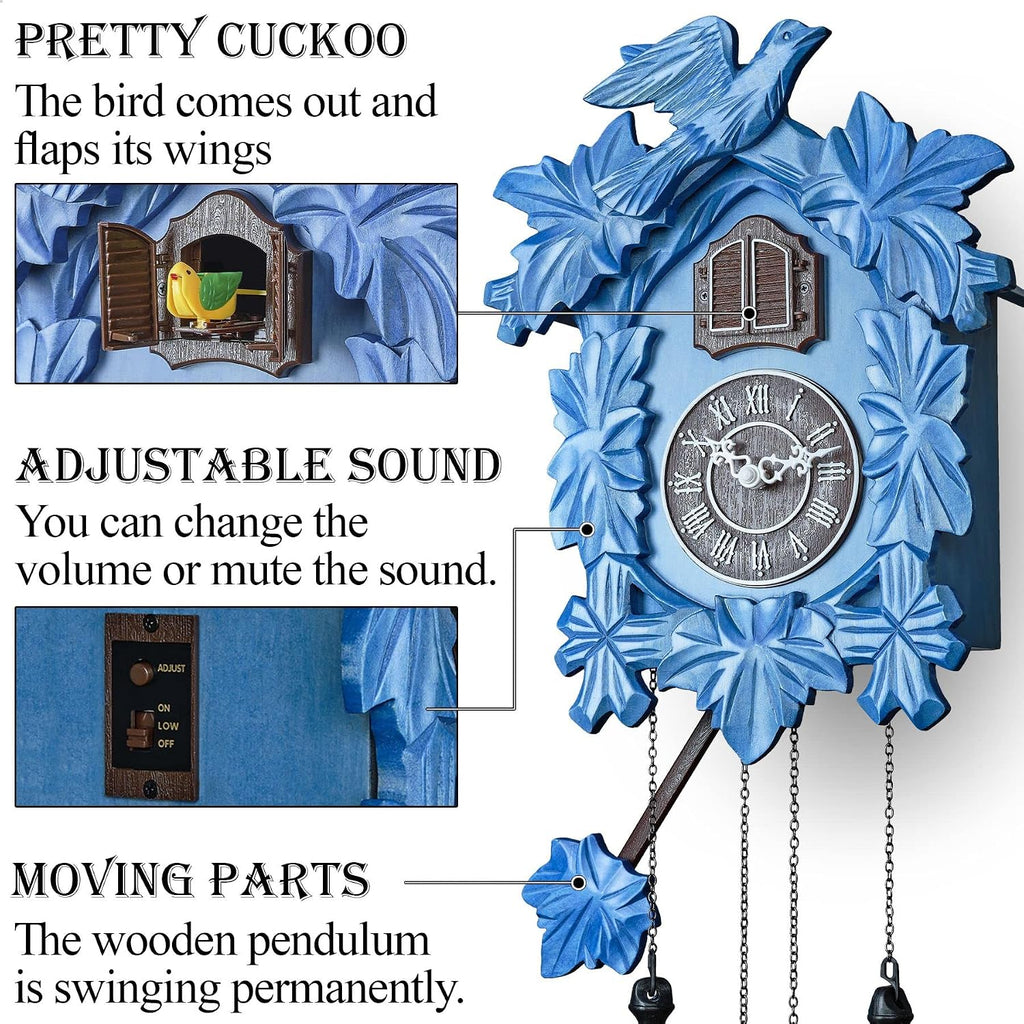 TIMEGEAR Cuckoo Clock with Night Mode, Hand Carved Decorations and Swinging Pendulum (Blue)