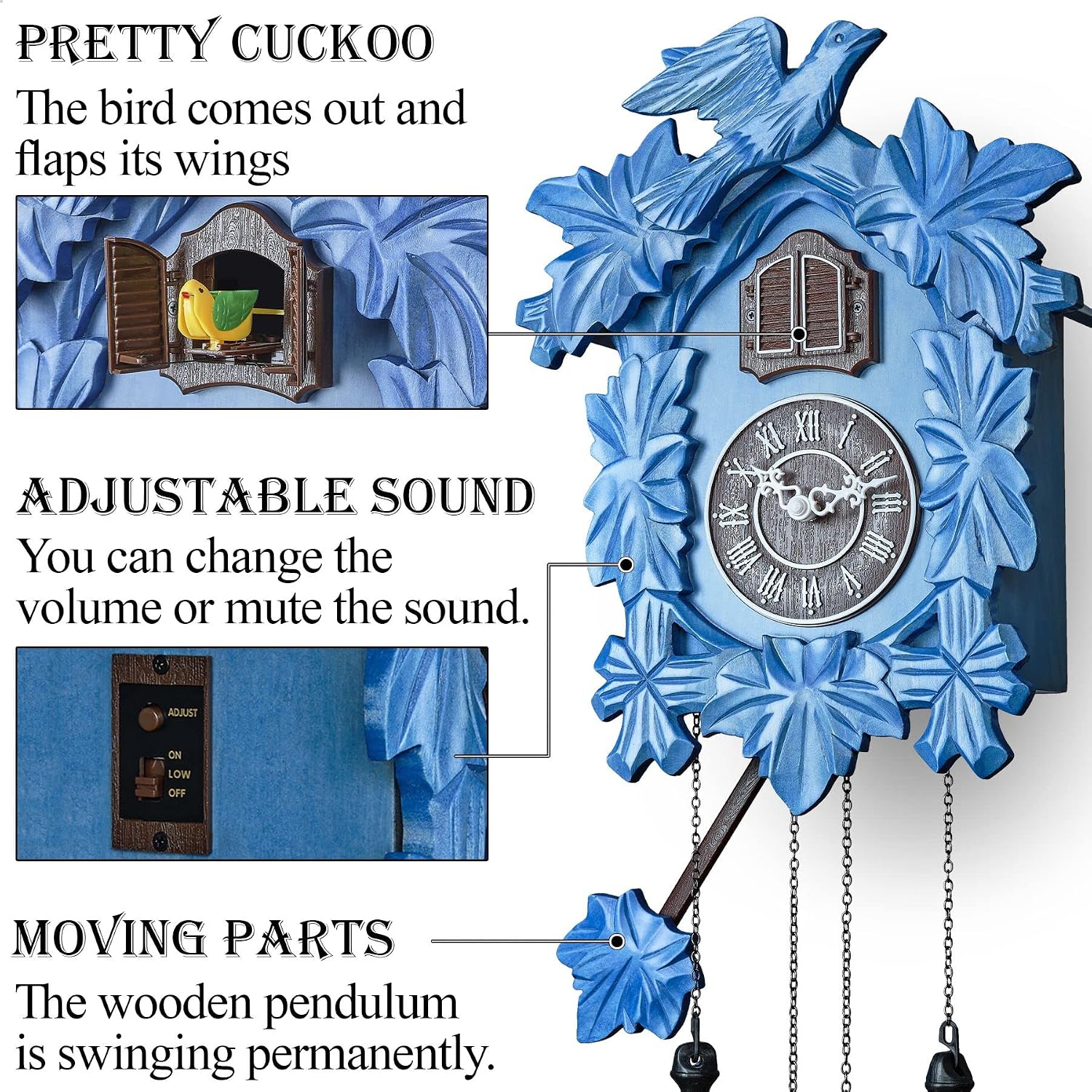TIMEGEAR Cuckoo Clock with Night Mode, Hand Carved Decorations and Swinging Pendulum (Blue)