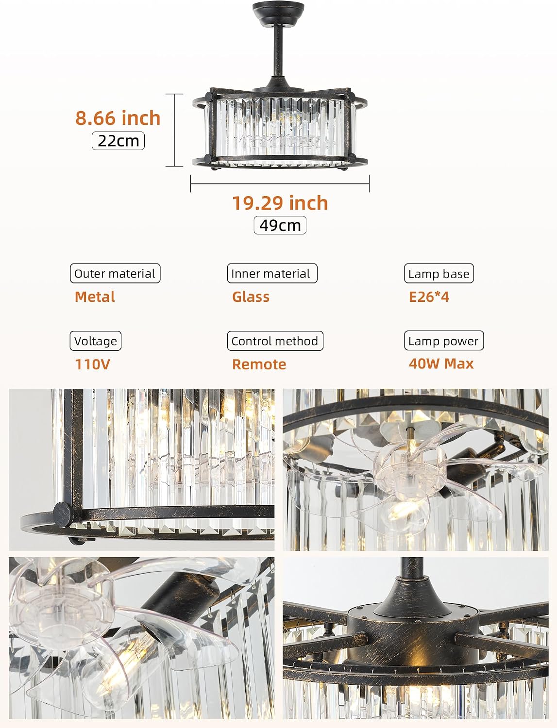 20' Farmhouse Rustic Crystal Fandelier Ceiling Fans with Lights, Black Crystal Industrial Chandelier Ceiling Fan with Light and Remote, Caged with 6 Speeds for Bedroom, Nursery, Living Room