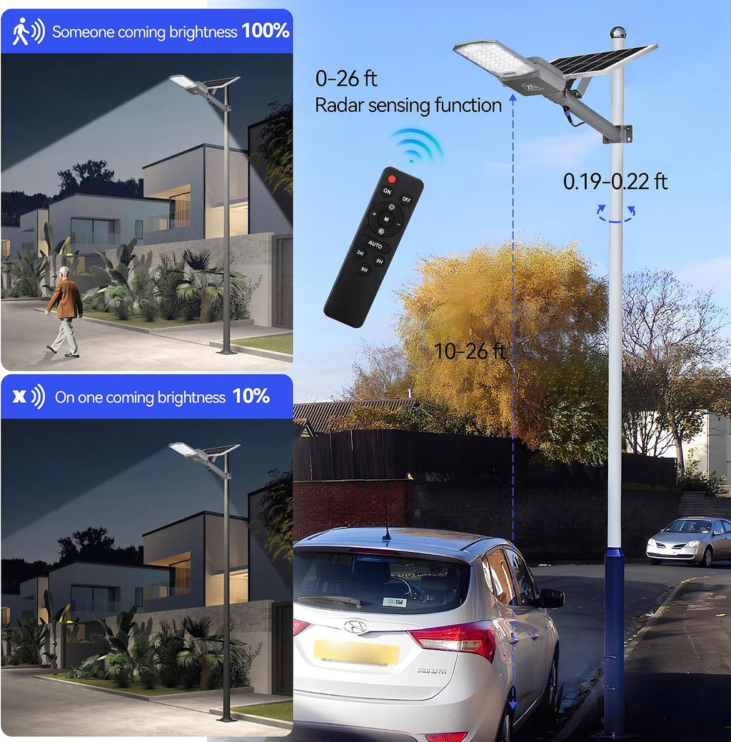 9500W Solar Street Lights Outdoor, 40000mAh IP67 Waterproof Solar Security Flood Lights 7000K 450000LM Super Bright LED Beads Commercial Parking Light with Remote Control for Street, Court, Barn-Gray