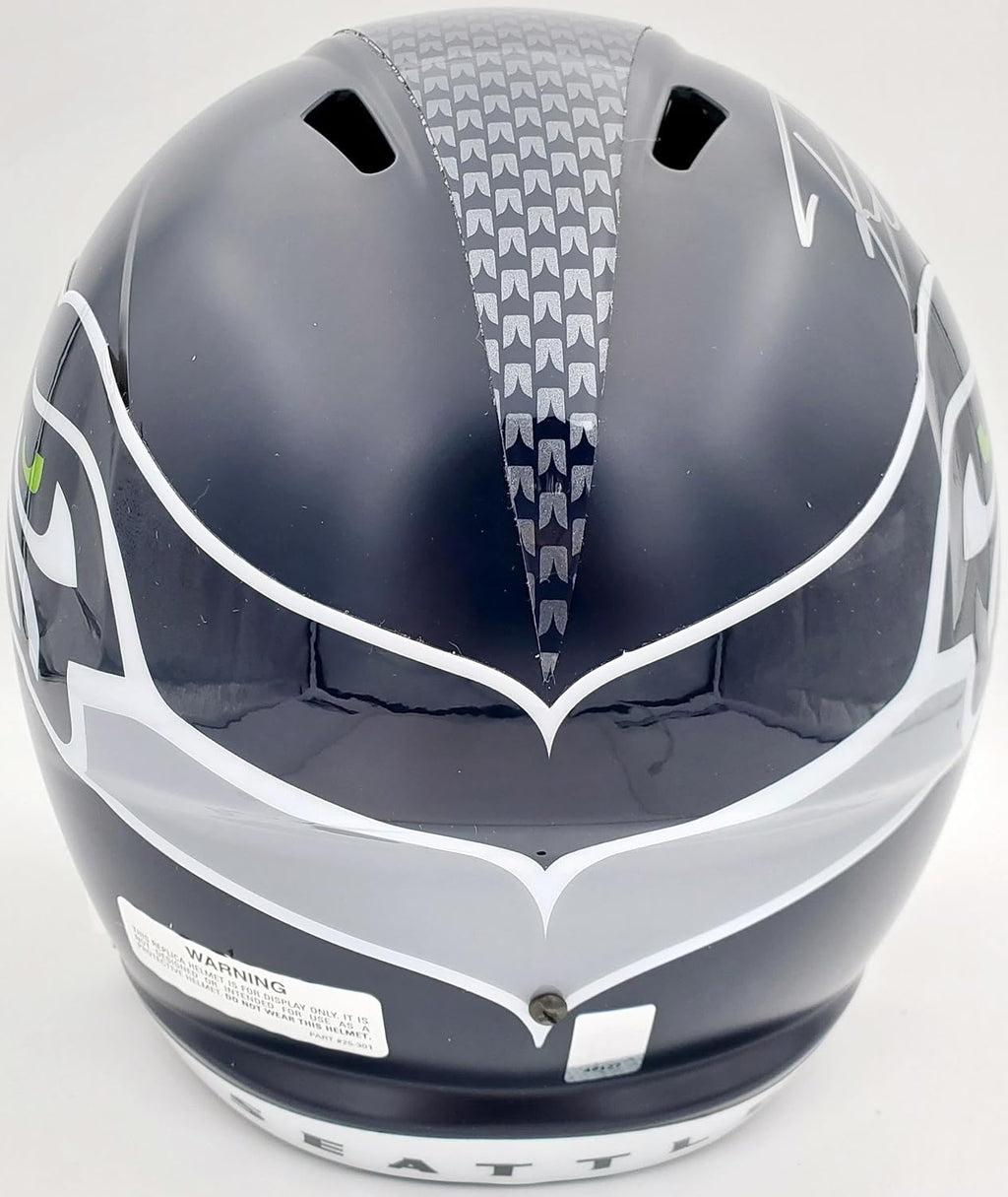 Russell Wilson Autographed Seattle Seahawks Full Size Replica Speed Helmet 'SB XLVIII Champs' In Silver RW Holo Stock #94268 - Autographed NFL Helmets