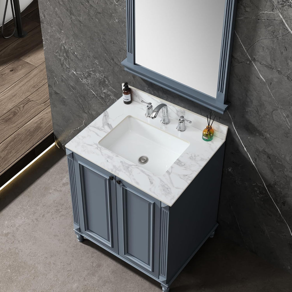 Montary 31'x 22' Bathroom Vanity Top with Undermounted Large Ceramic Sink & Backsplash, Sintered Stone Artificial Marble Vanity Sink Tops with 3 Pre-Drilled Hole, Carrara White