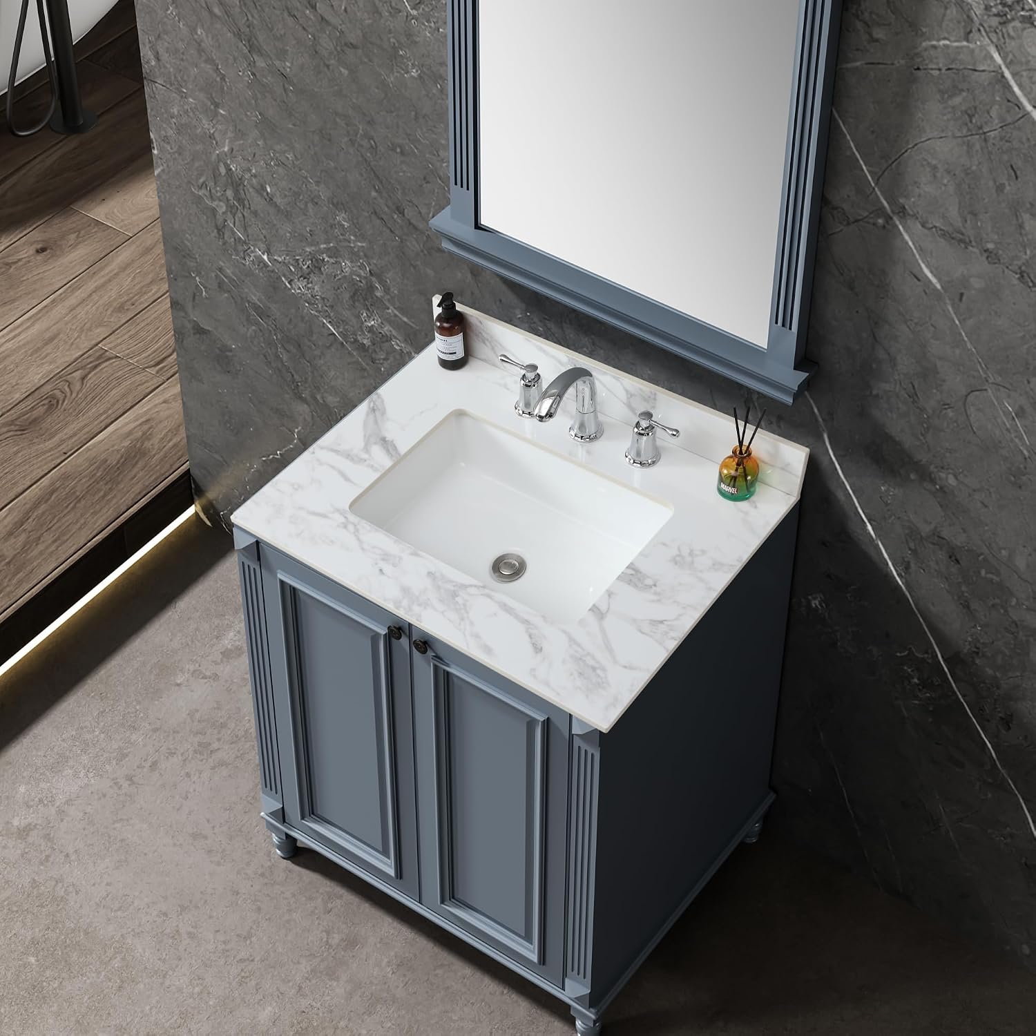 Montary 31'x 22' Bathroom Vanity Top with Undermounted Large Ceramic Sink & Backsplash, Sintered Stone Artificial Marble Vanity Sink Tops with 3 Pre-Drilled Hole, Carrara White